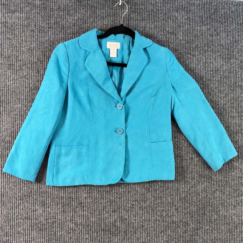 VTG Studio Works 4P Blue Faux Suede Blazer Jacket Y2K Retro Minimalist Career
